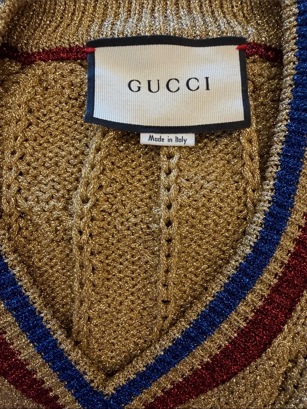 Gucci Gold Cable Knit V-Neck Sweater with Blue and Burgundy Trim